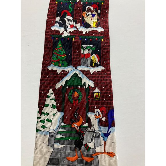 Vintage 90's Looney Tunes Bugs Bunny Tweety Taz Sylvester Mens Silk Tie Christma - Picture 2 of 7